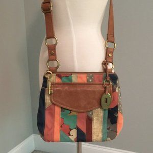 Fossil Leather Canvas Multicolor Patchwork Crossbody Purse